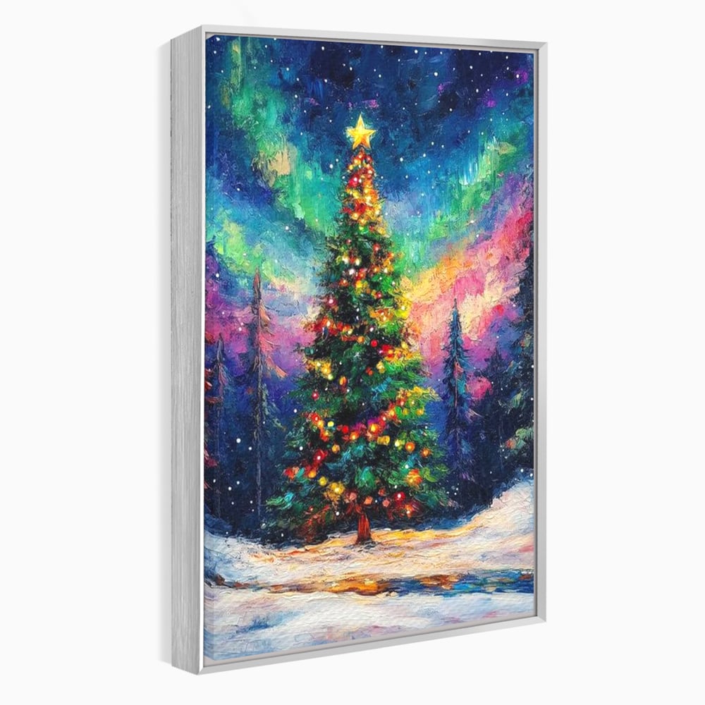 Tablou canvas cu tablou canvas cu brad de craciun si aurora boreala, in rama de aluminiu argintiu